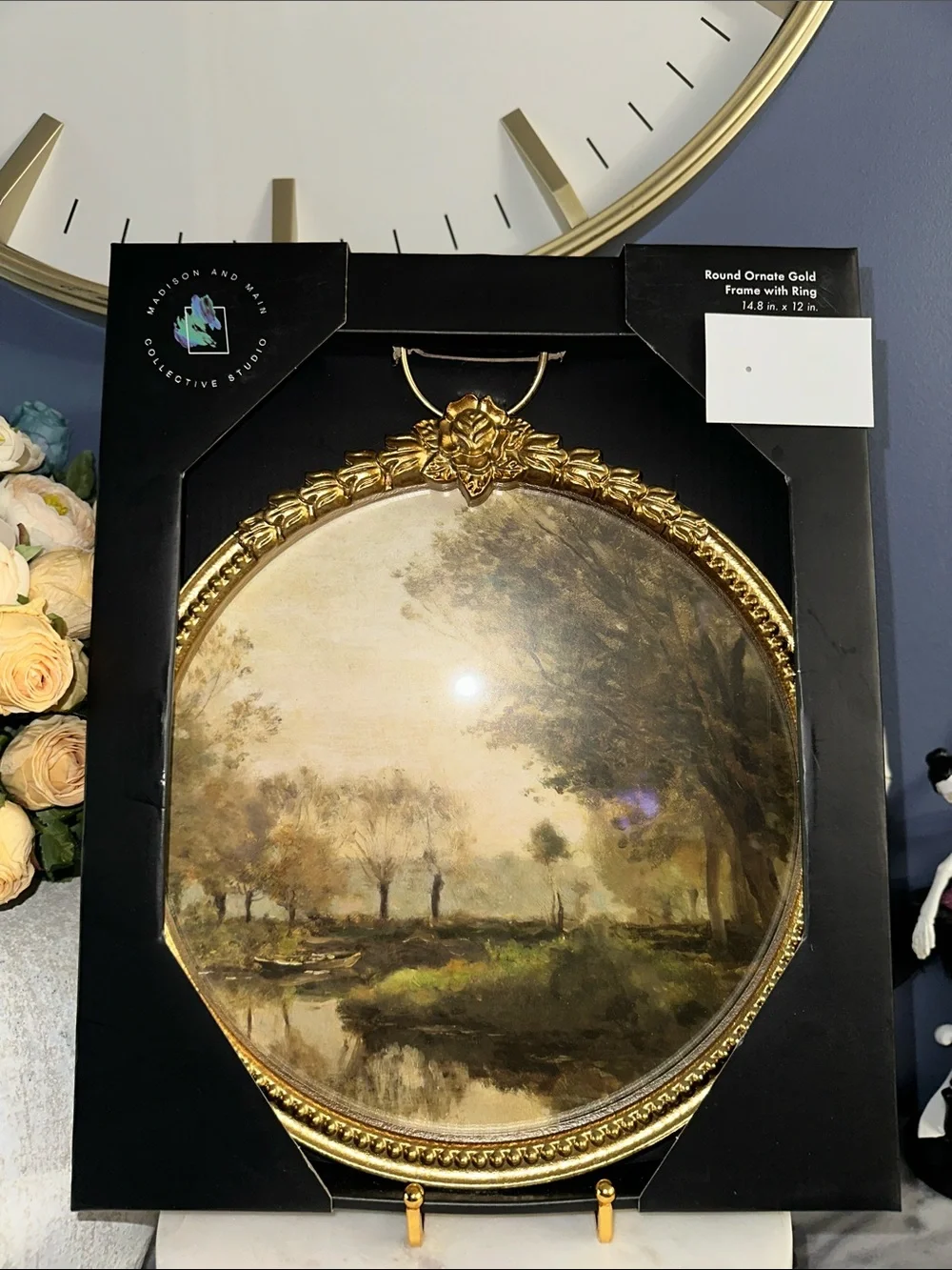 Round Ornate Gold Frame Wall Art - moody Landscape Painting